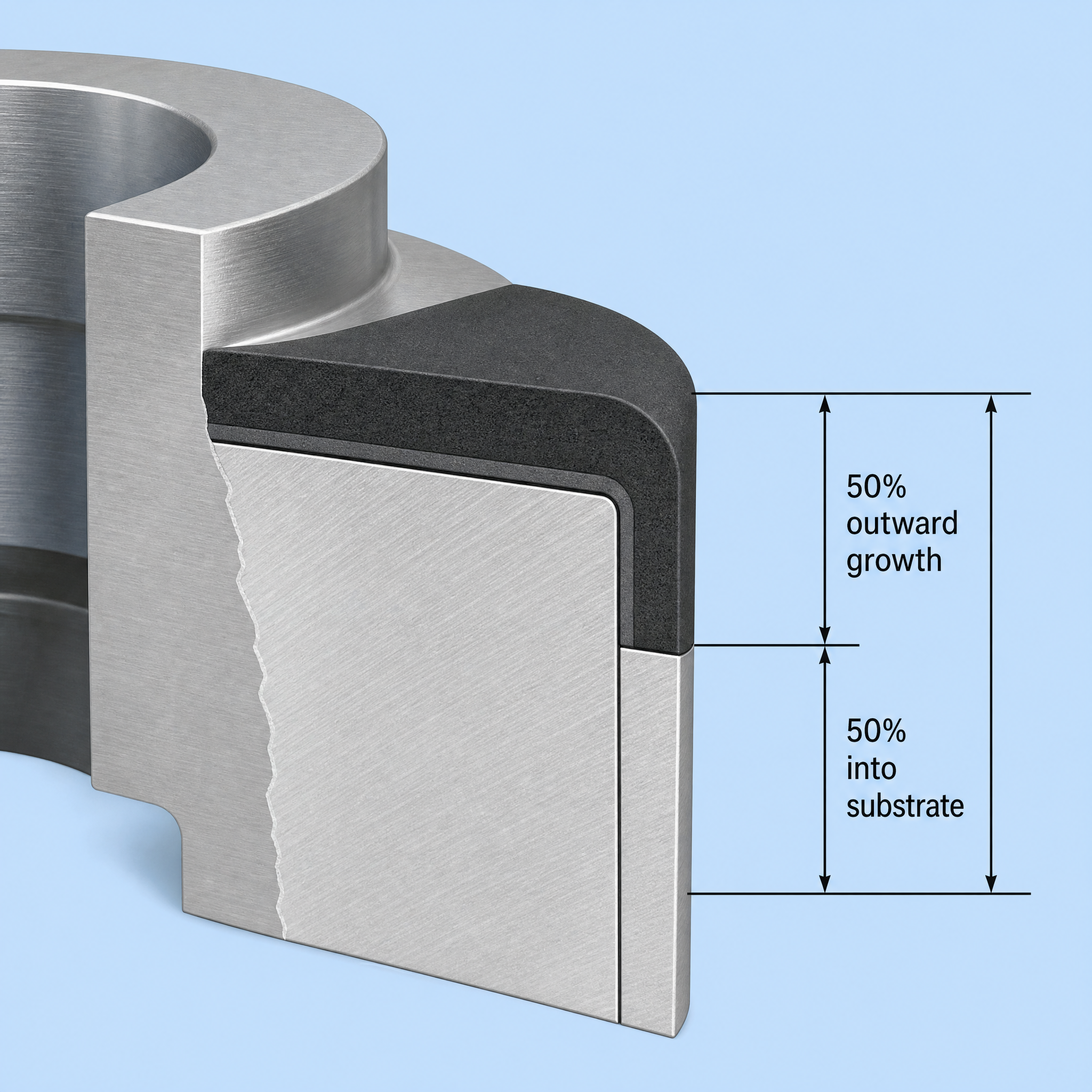Cross-section diagram of hard anodized aluminum showing substrate, oxide layer penetration and outward growth