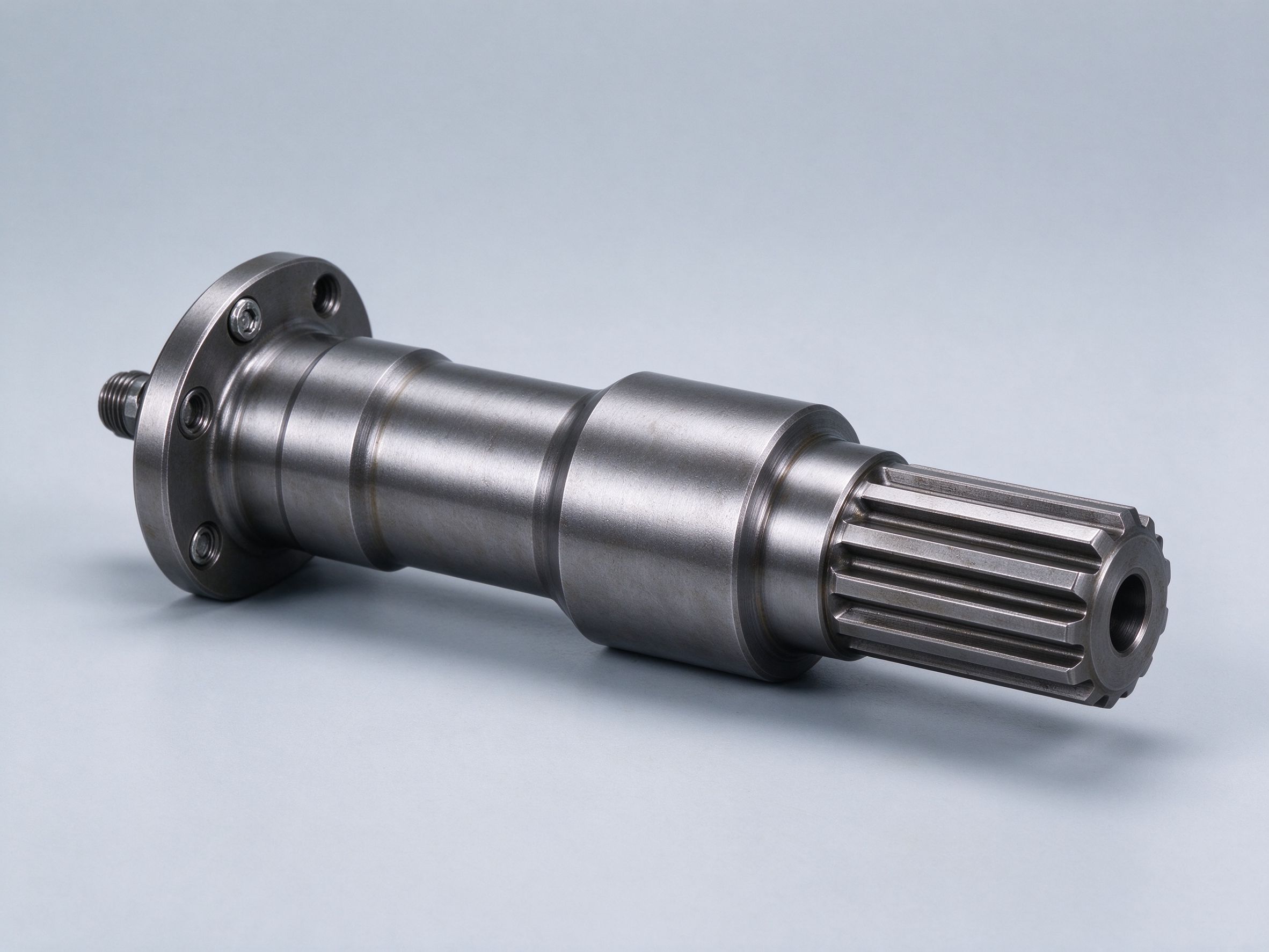 CNC turned automotive steel shaft component with stepped journals, flange and splined end
