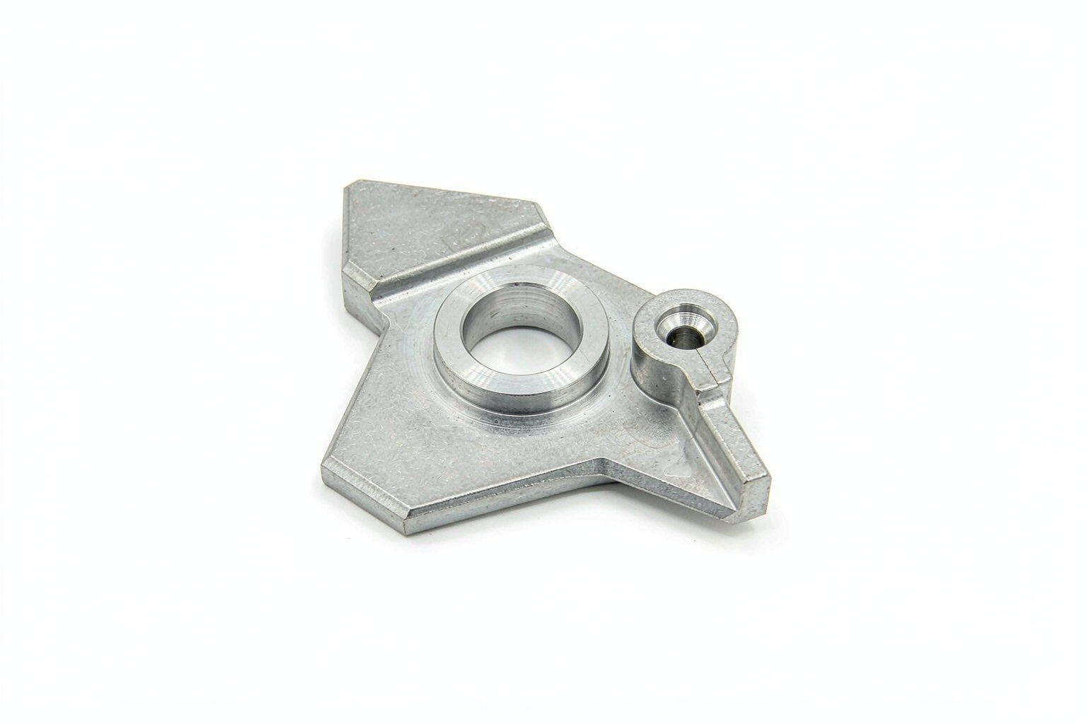 CNC machined aluminum mounting bracket for an automotive spoiler on white background