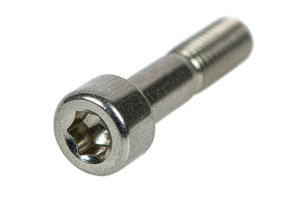 Macro photograph of a stainless steel socket head cap screw showing the internal hex socket drive and threaded shank