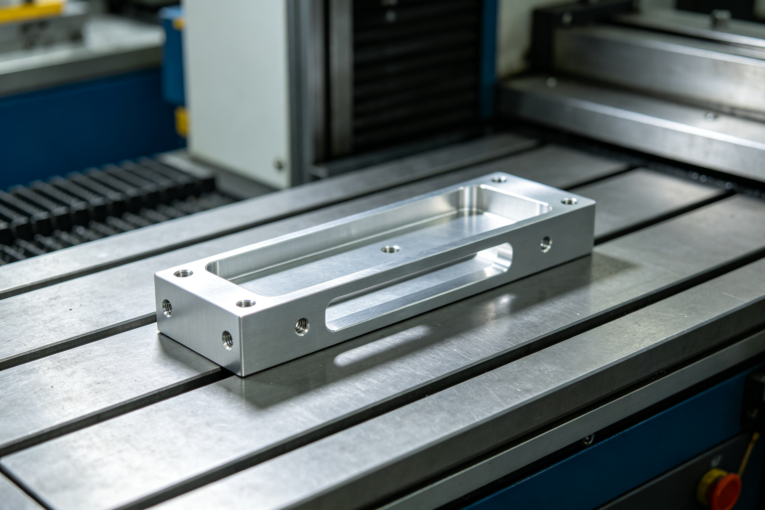 Machined aluminum bracket with thin walls, pockets and drilled holes on a CNC machine table
