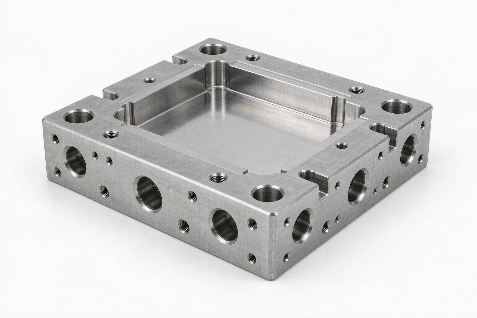 A CNC-machined aluminum injection mold base with a polished cavity on a white background