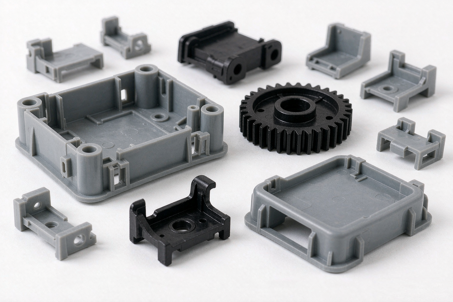 An assortment of injection-molded plastic components on a white background