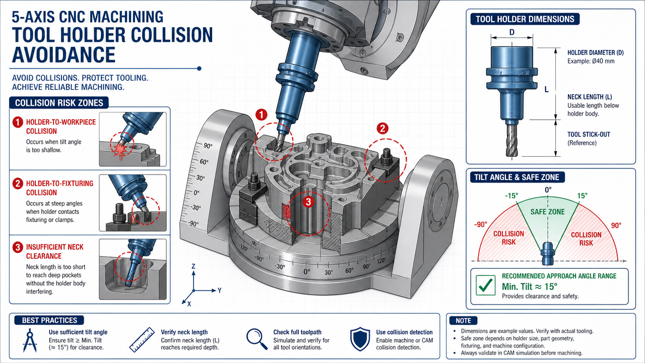 Tool holder collision avoidance in 5-axis CNC machining showing holder diameter, neck clearance and tilt angle