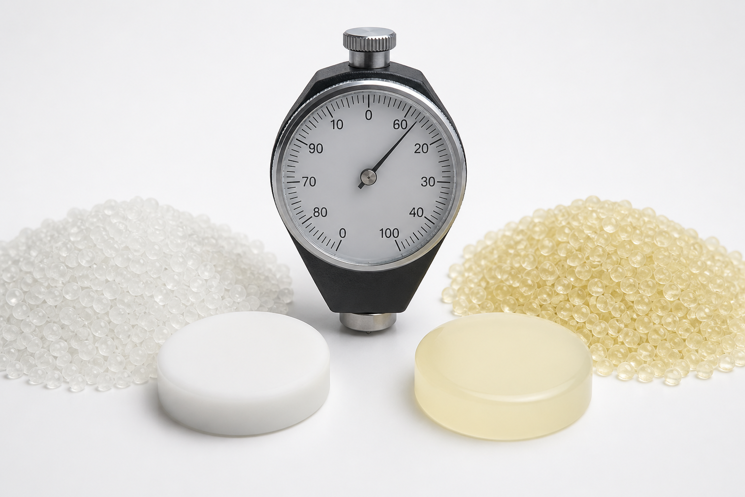 TPE and TPU elastomer material samples with Shore A durometer