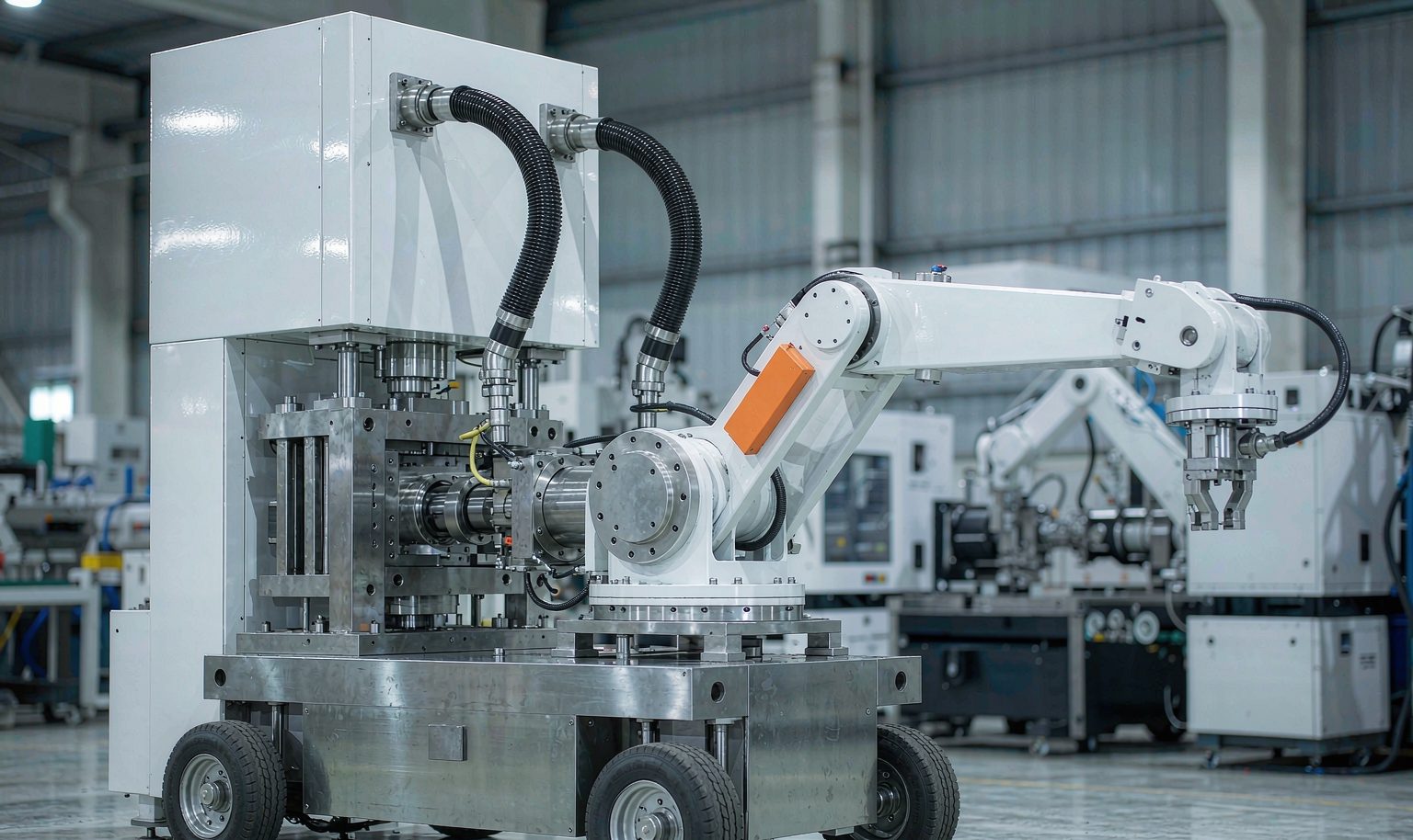 Two-shot injection molding machine with two injection units on a factory floor