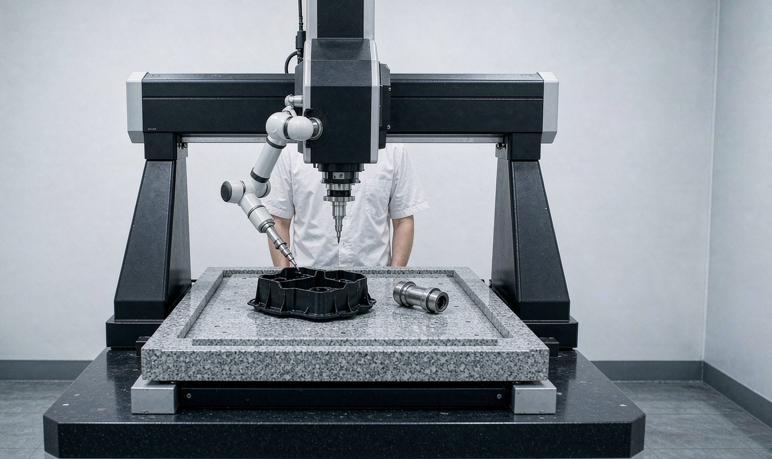 Technician measuring a molded component on a coordinate measuring machine in a metrology room
