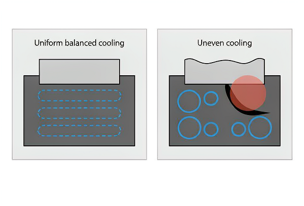 Diagram comparing uniform balanced mold cooling with an uneven cooling hot spot causing a warped part