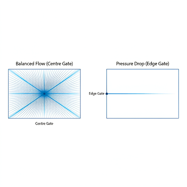 Diagram comparing a centre gate with short balanced flow paths against an edge gate with a long flow path and pressure drop