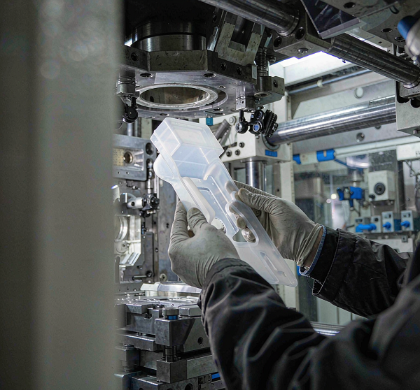 Precision injection mould installed in a machine during a T1 trial with a freshly moulded thin wall plastic part being inspected