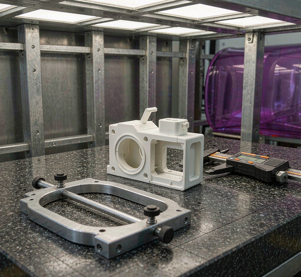 Dimensional inspection of a thin wall moulded plastic housing on a granite surface plate