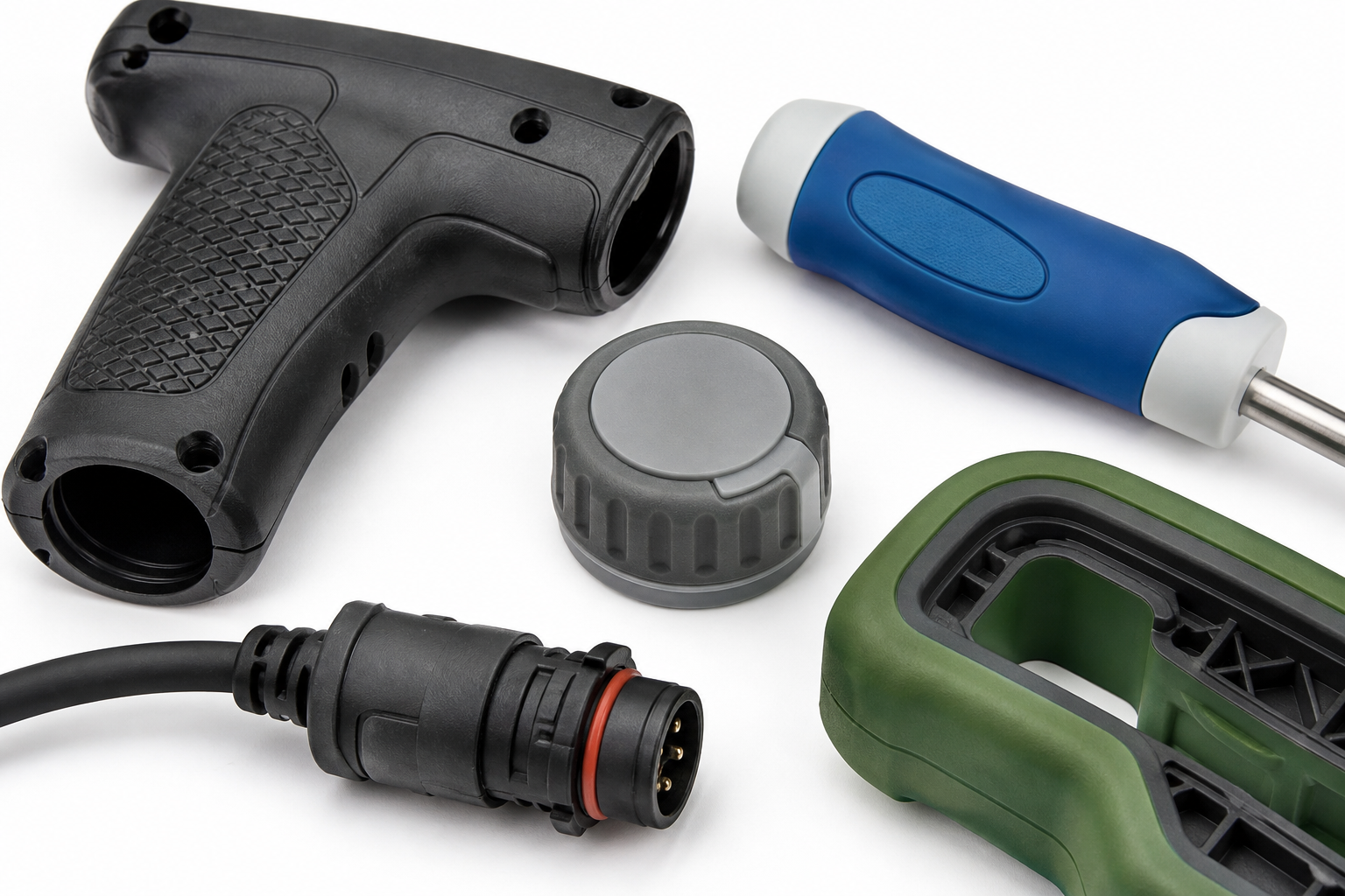 Typical overmolded components — power drill handle, medical grip, rotary knob, cable connector, protective housing