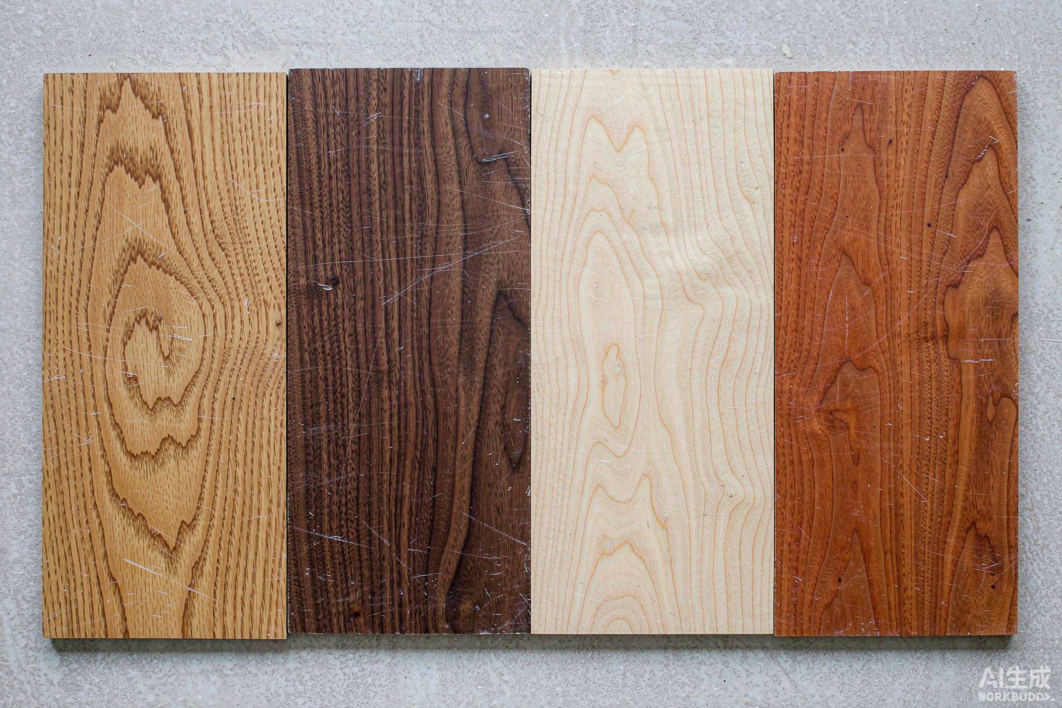 Top-down flat lay of four hardwood sample boards showing light tan oak, pale cream maple, dark walnut and reddish cherry