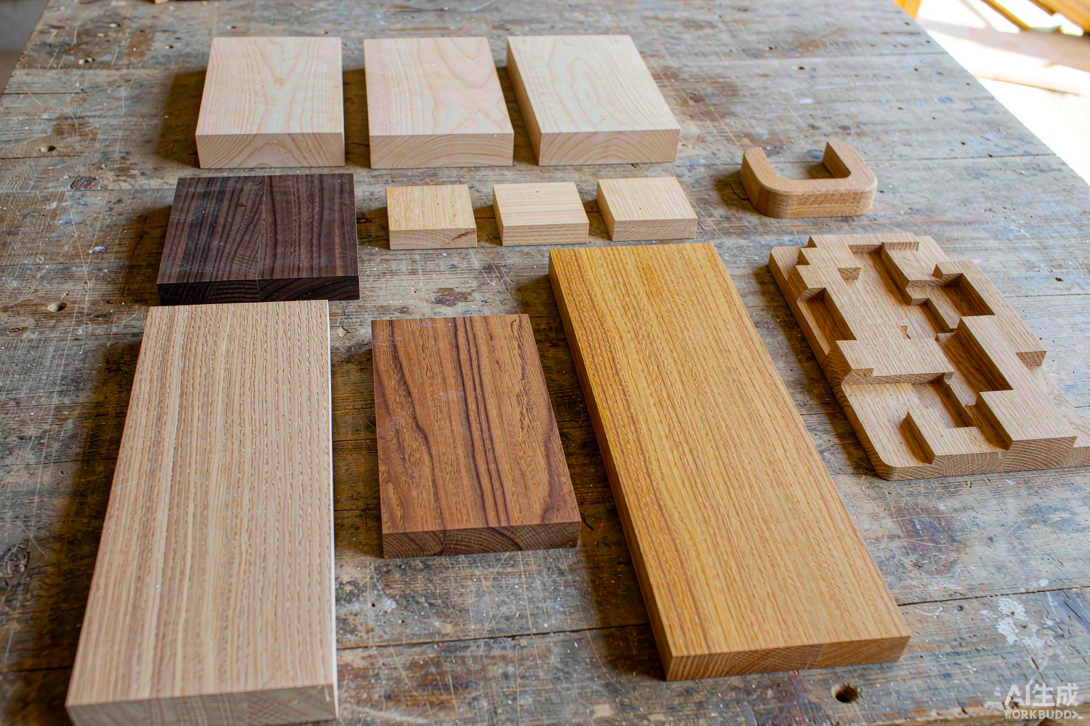 Wooden workbench displaying wood species sample boards in different tones with CNC routed wooden parts beside them