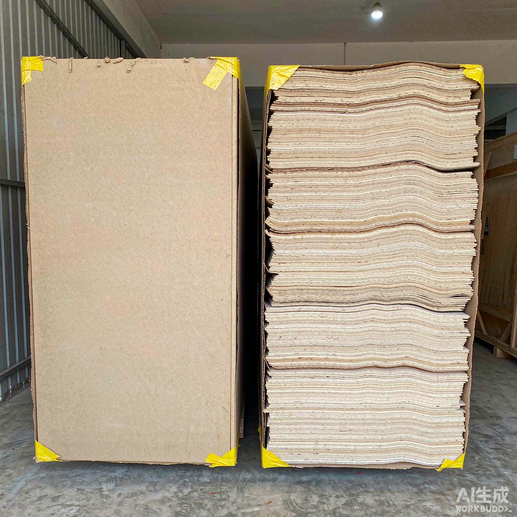 Two sheet material stacks side by side, smooth uniform beige MDF boards and plywood sheets showing layered veneer edges