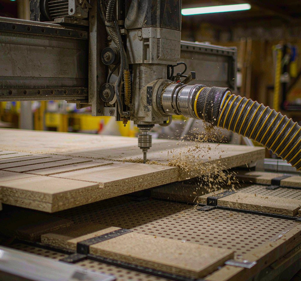 CNC router cutting a wooden panel with wood chips being pulled away by a dust extraction hose near the spindle on a vacuum hold-down table