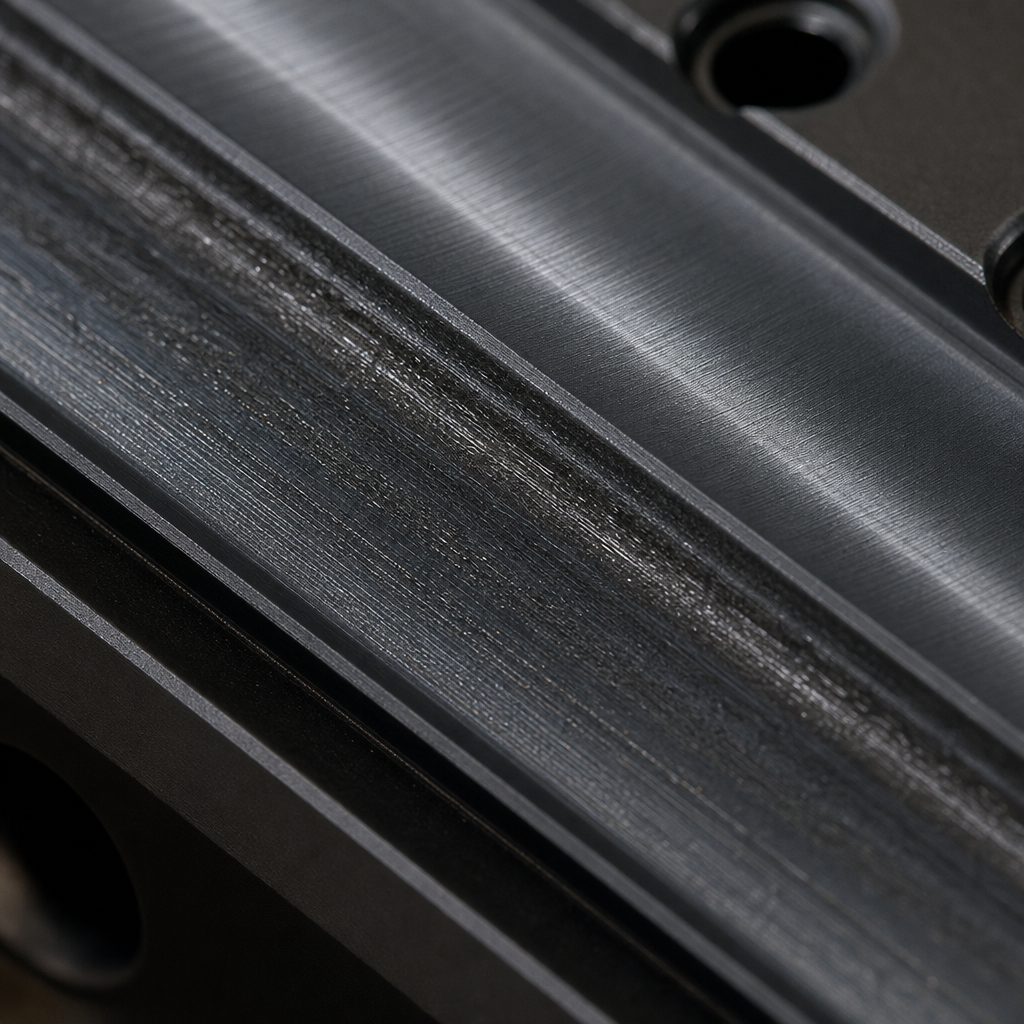 Macro close-up of hard anodized aluminum sliding guide surface showing machining marks and wear track