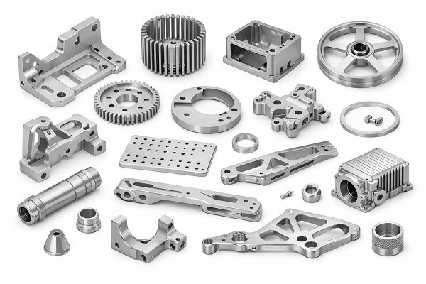 Flat lay assortment of finished precision machined components for different industries