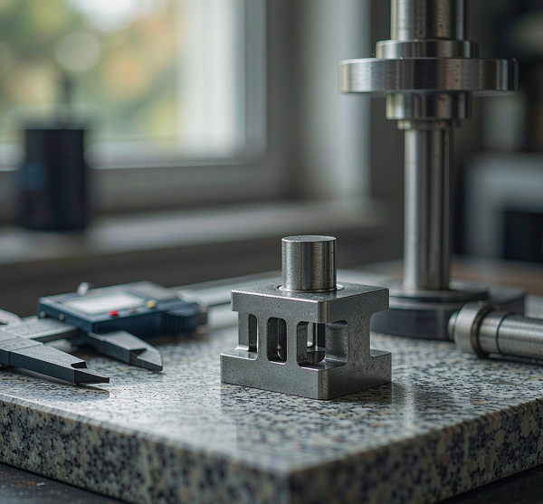 Machined part being measured on a granite plate with caliper and height gauge