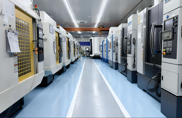 Row of CNC machining centres along a clean, well lit production workshop aisle
