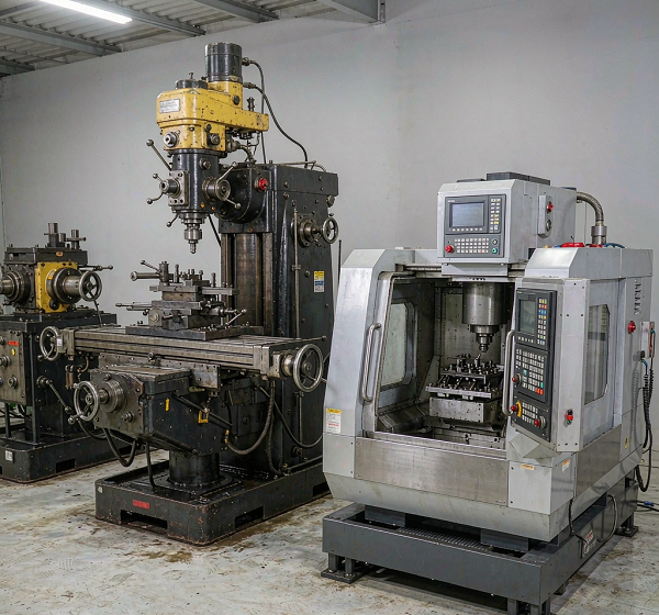 Older manual milling machine with handwheels beside a modern enclosed CNC machining centre in a workshop