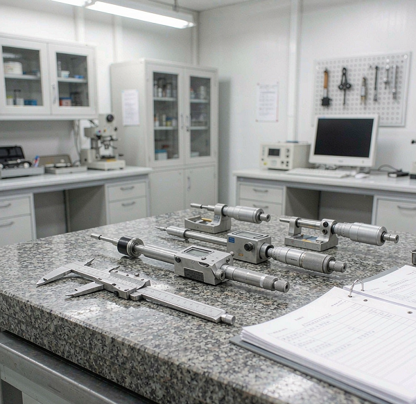 Dimensional inspection instruments on a granite surface plate in the Xiamen Goldcattle quality room