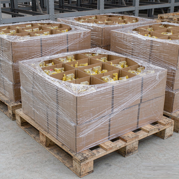 Finished moulded plastic parts packed in cartons on a pallet ready for export at Xiamen Goldcattle
