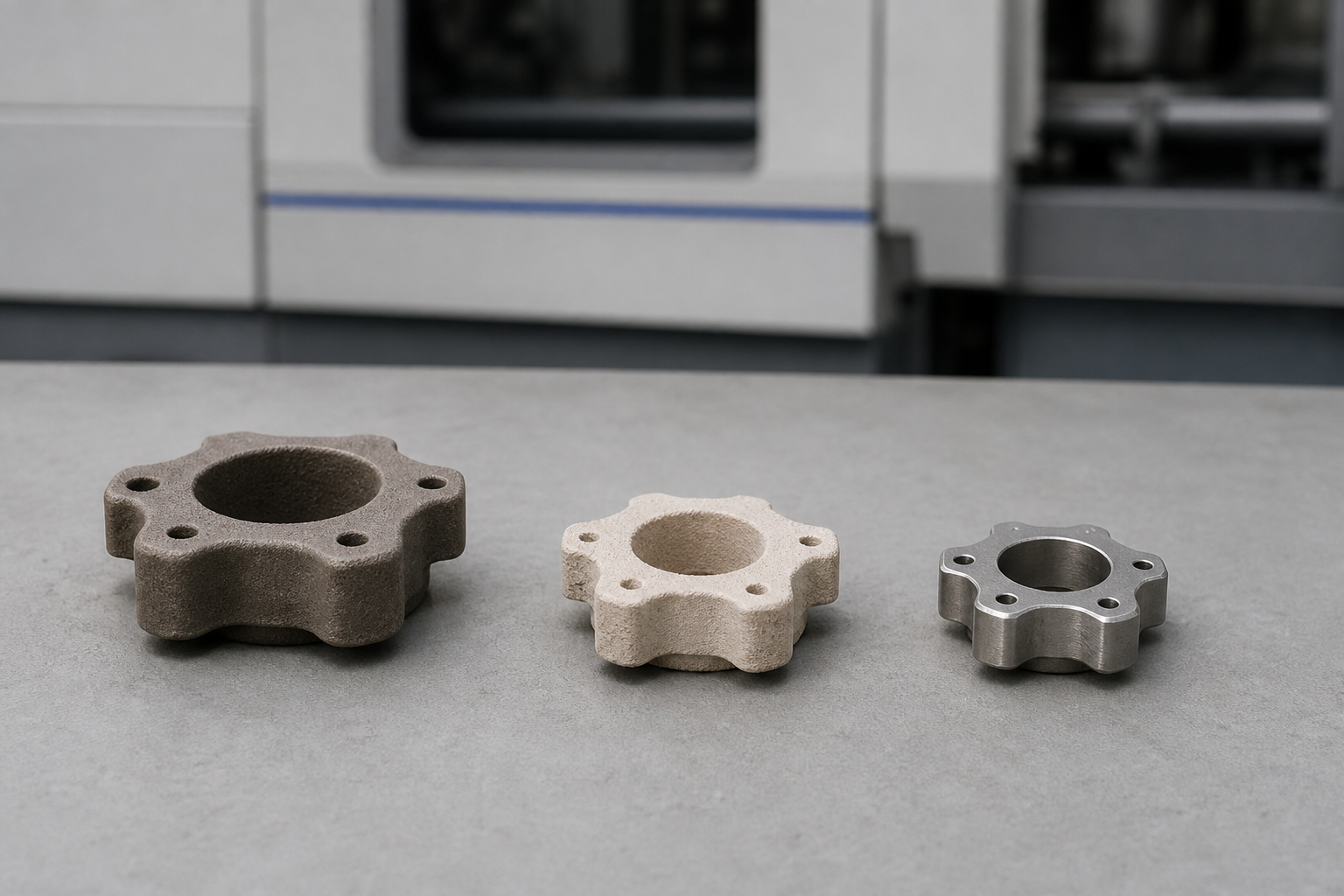 Three identical powder injection molded parts in a row: a larger matte green part, a pale chalky brown part after debinding, and a smaller dense metallic sintered part