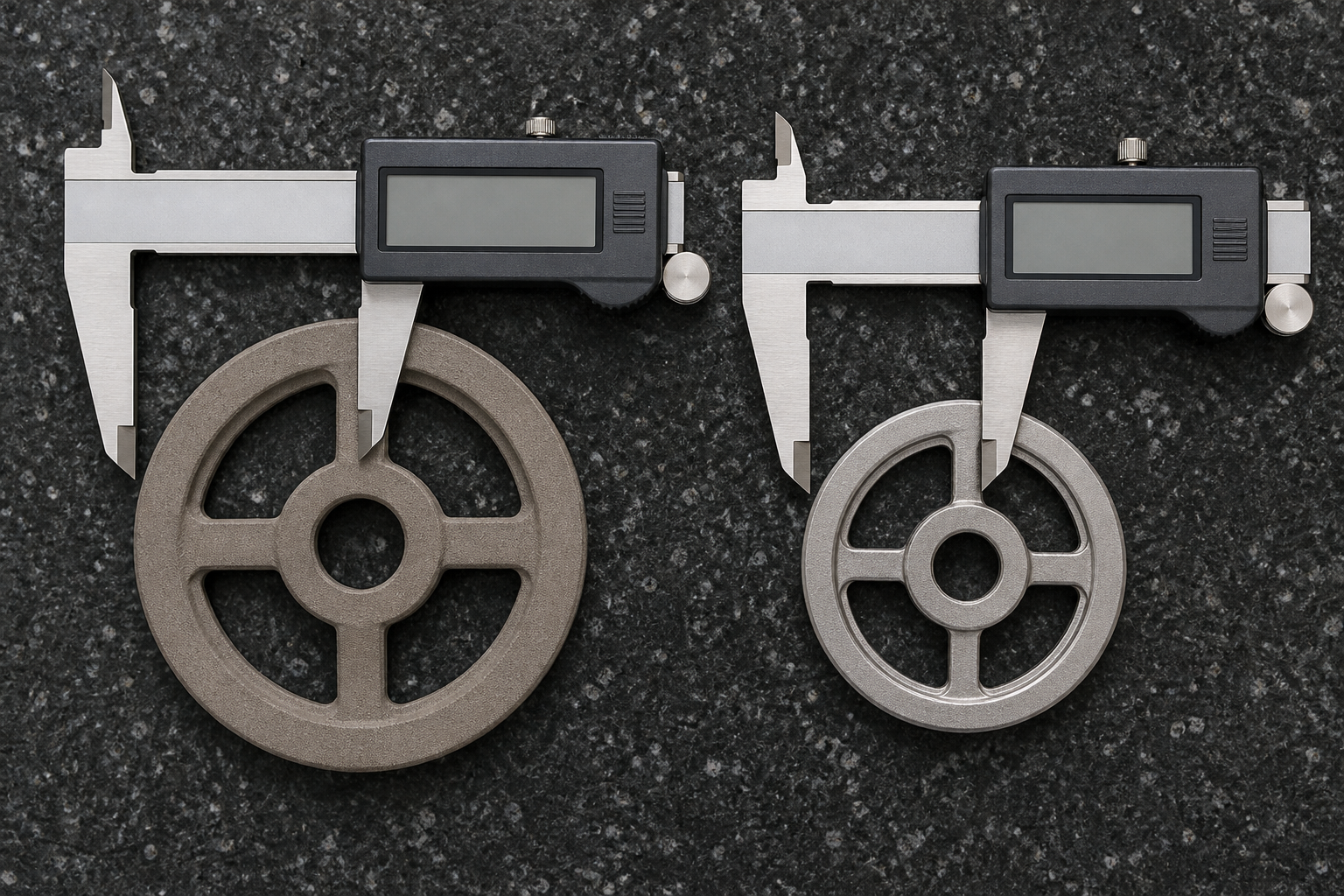 A green powder injection molded part and a sintered metal part of the same geometry side by side on a granite plate, each measured with a caliper, the sintered part visibly smaller