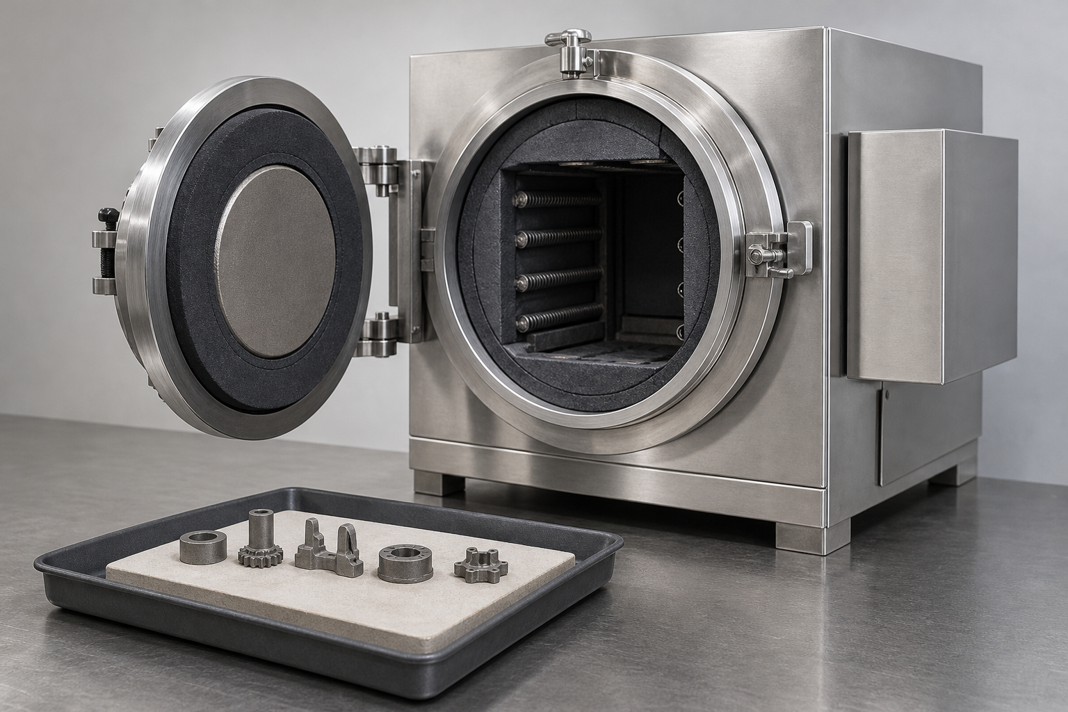 An open controlled-atmosphere sintering furnace with its insulated door swung open showing the hot zone, with a tray of small sintered metal components on a ceramic setter in the foreground