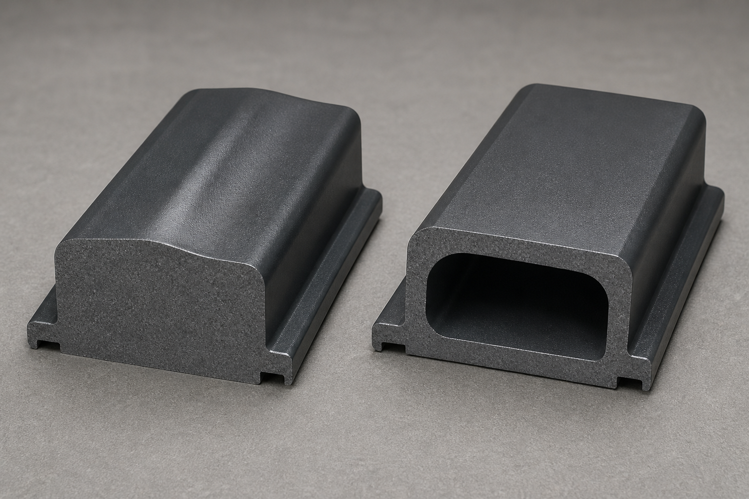Two sectioned thick-walled moulded parts compared: a solid moulding with a sink depression along its thick section, and a gas-assisted moulding with an internal hollow channel and an even surrounding wall