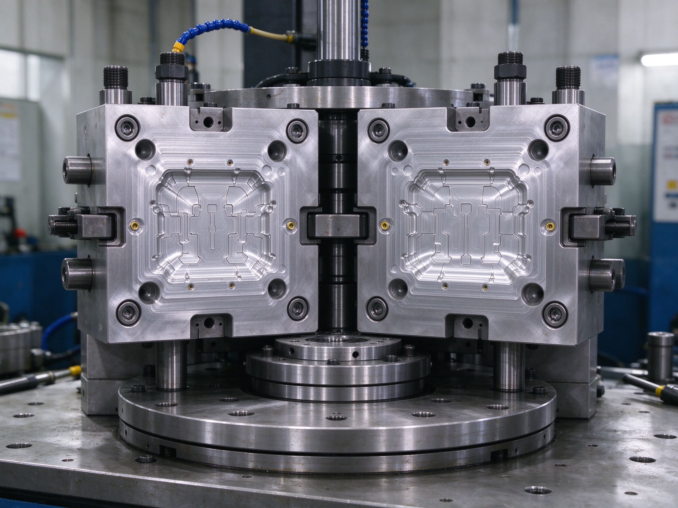 Rotary two-shot injection mold with two cavity stations