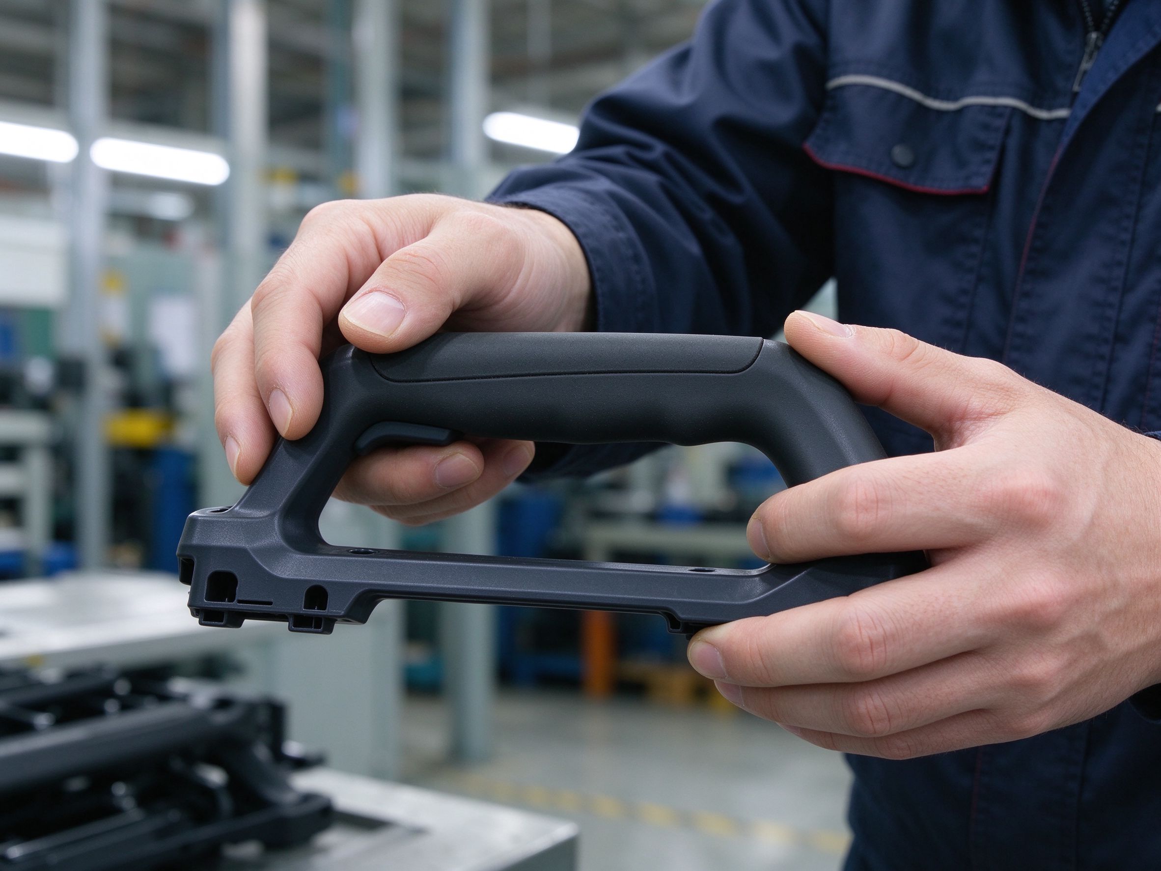 Two-material molded handle with rigid base and overmolded layer