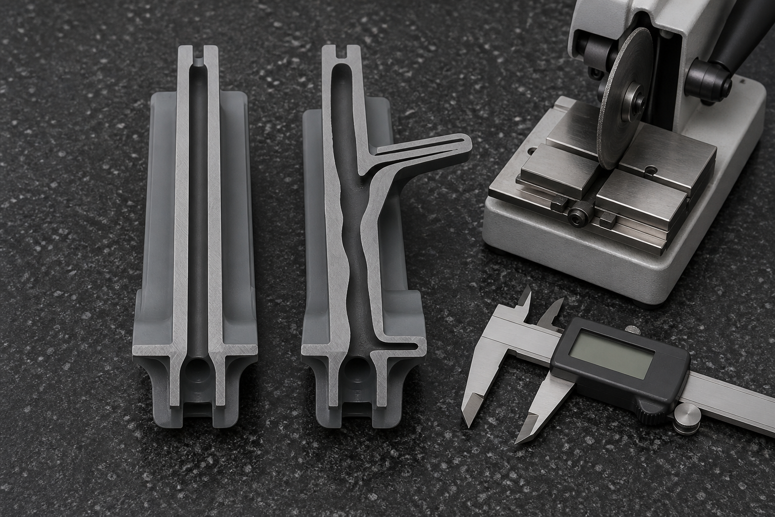 Two sectioned gas-assisted mouldings compared: a correct single continuous internal channel centred in the thick section, and a defective one where the void has wandered toward the outer wall with a narrow finger into a thin region