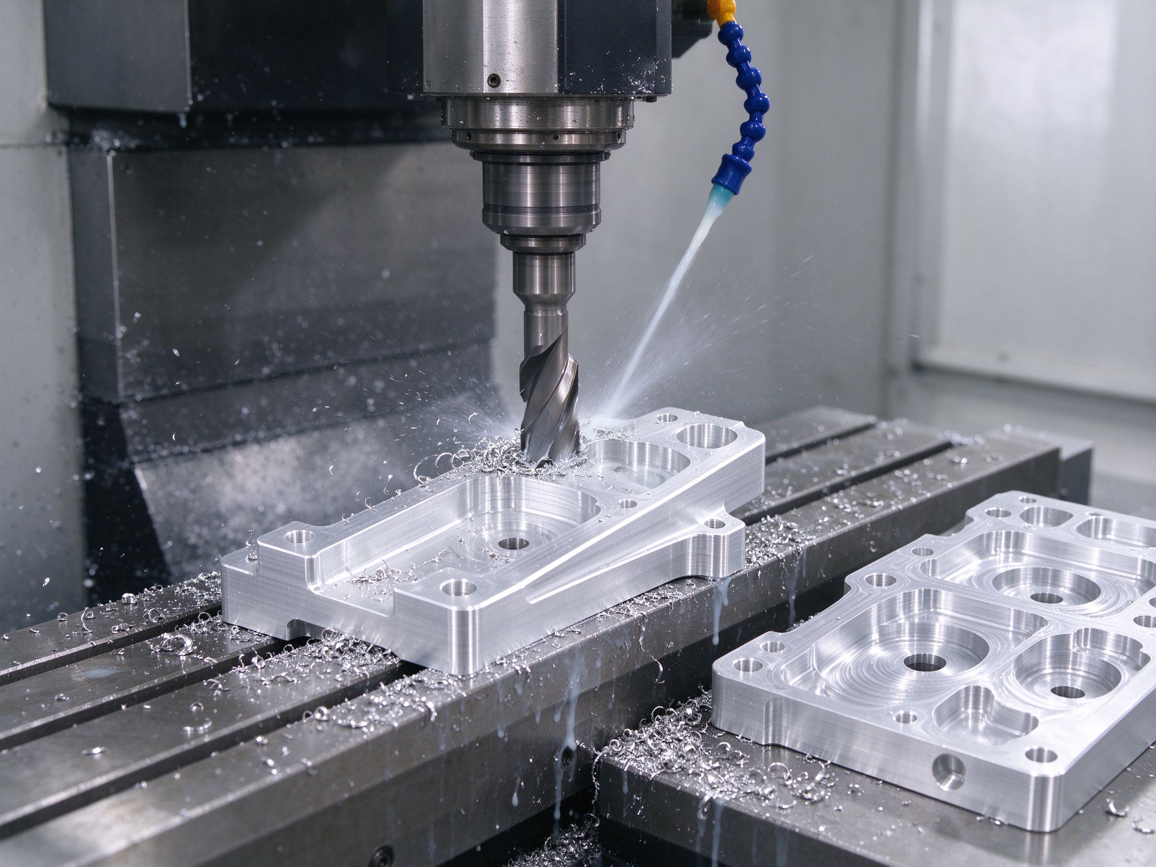 CNC machining of an aluminium part with coolant and chips