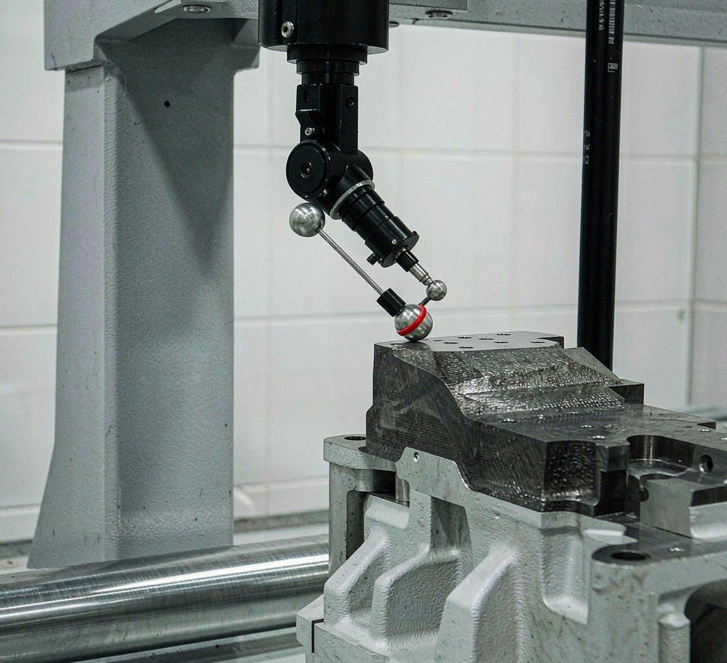 Coordinate measuring machine inspecting a precision-machined metal part in a metrology lab
