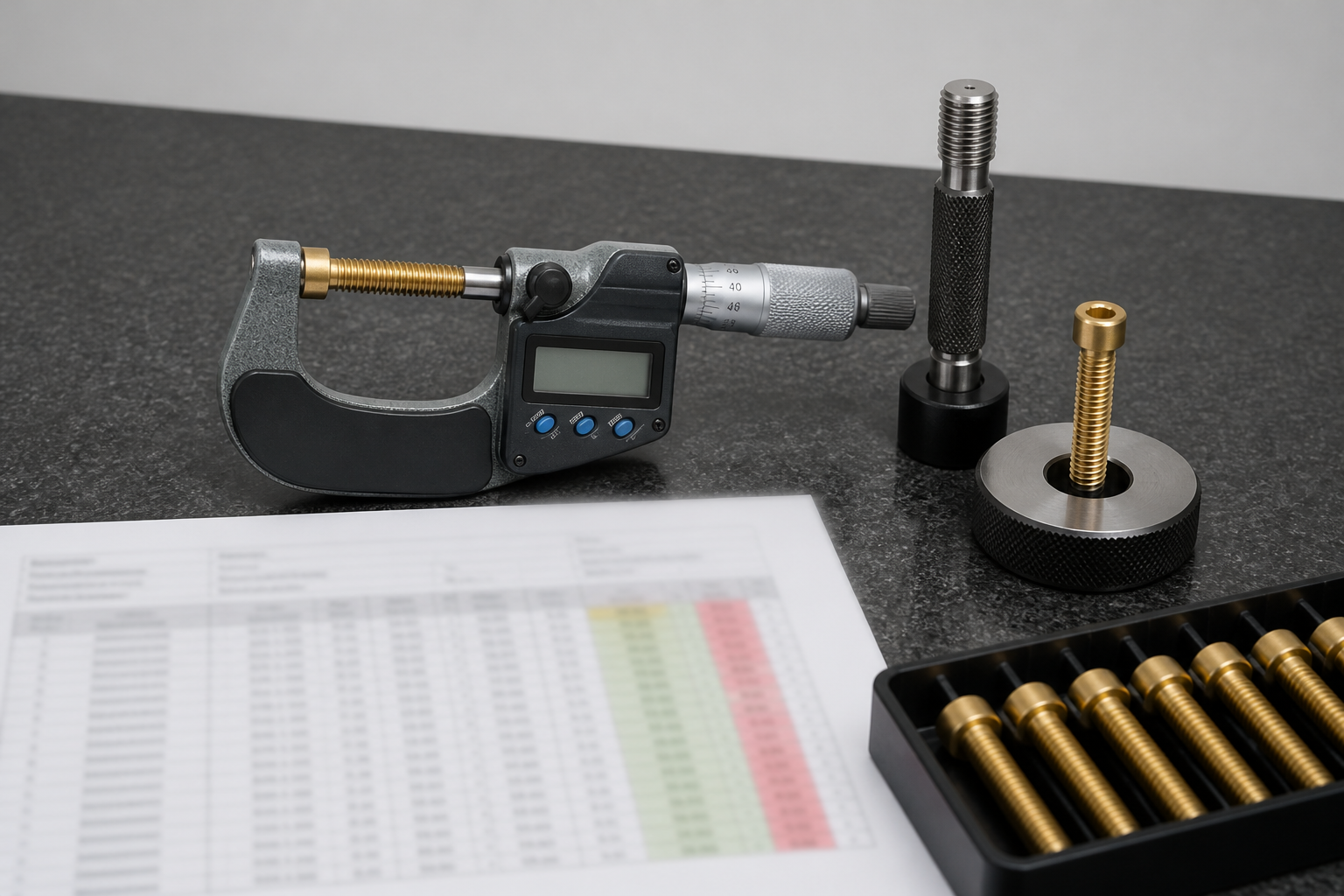 Metrology bench with a digital micrometer on a brass screw shank, a steel thread plug gauge beside a screw engaged in a ring gauge, a dimensional inspection report and a tray of identical brass screws
