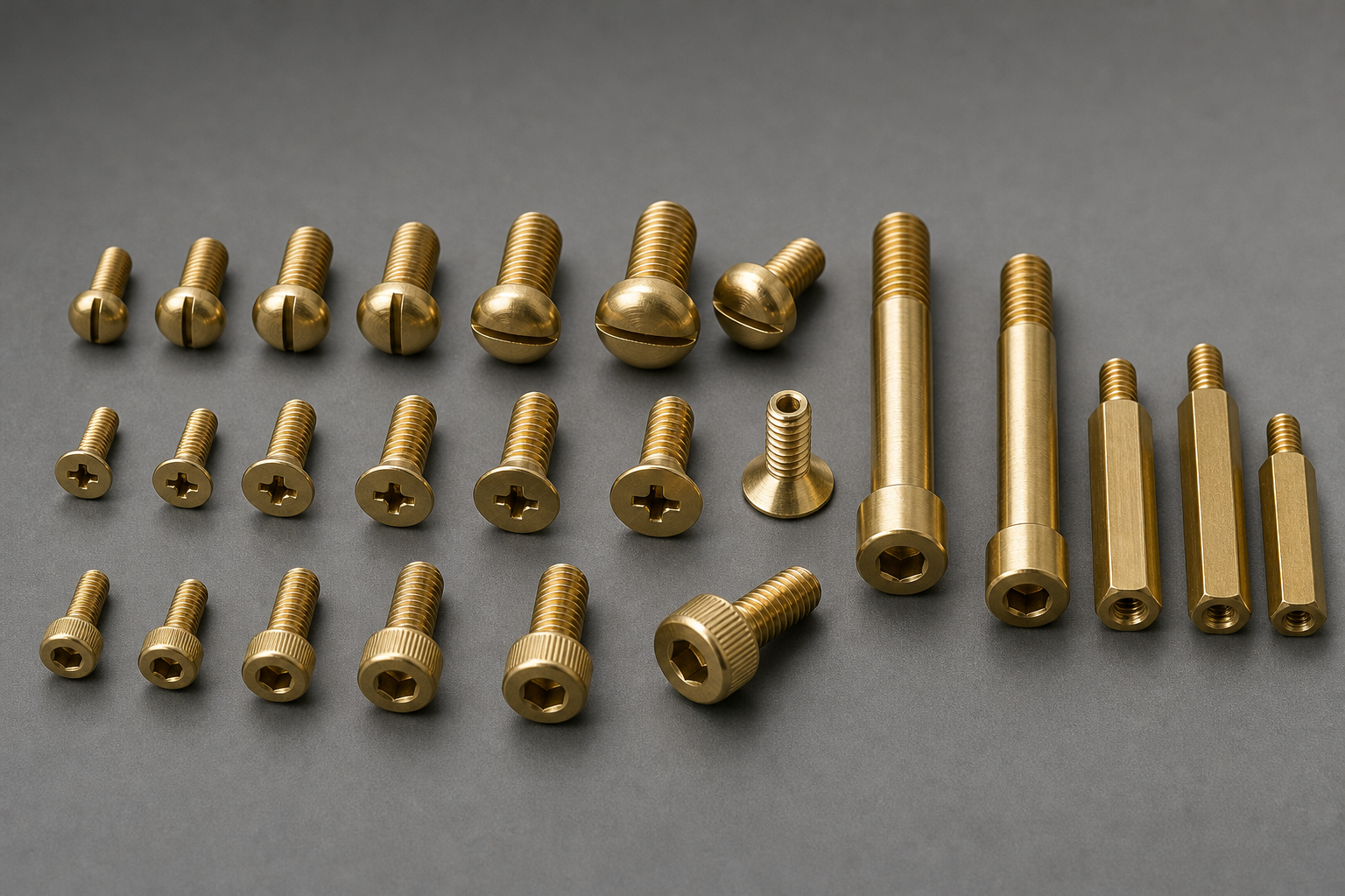 Custom CNC-machined brass fasteners arranged on a bench: slotted pan-head machine screws, countersunk screws, hex-socket cap screws, shoulder screws and brass threaded standoffs