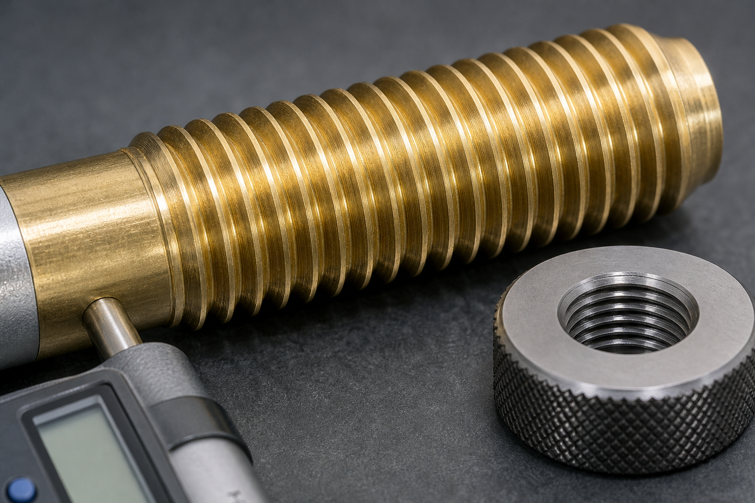 Close-up of a brass thread with a machined steel ring gauge beside it and a digital micrometer measuring the part