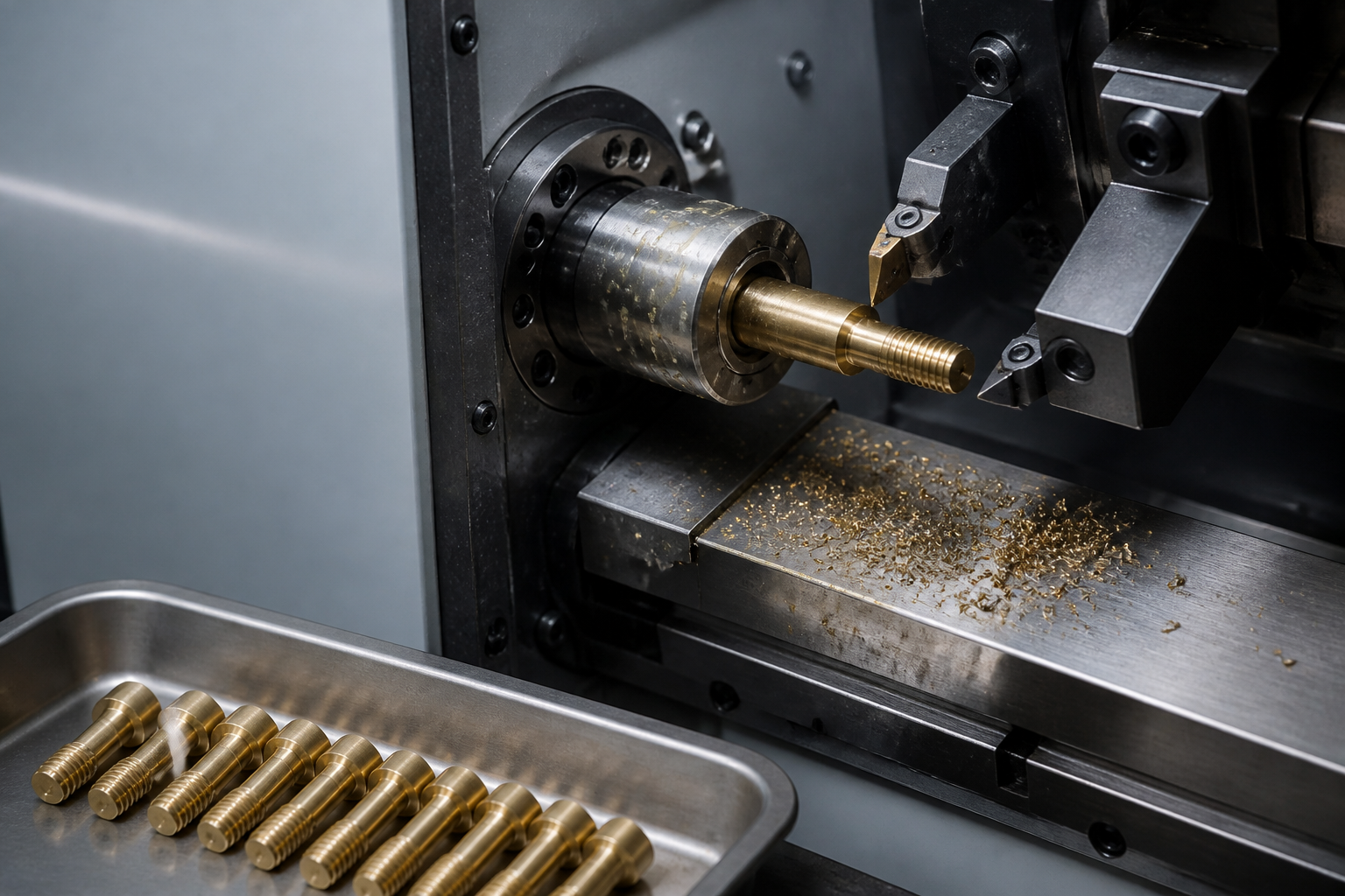 CNC turning centre with the work area open, a brass part emerging from the guide bushing with cutting tools in position and finished brass screws in a tray below