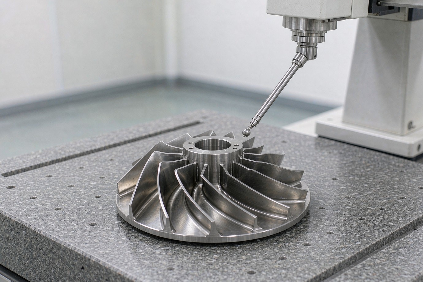 First-article impeller component on a coordinate measuring machine granite table during inspection