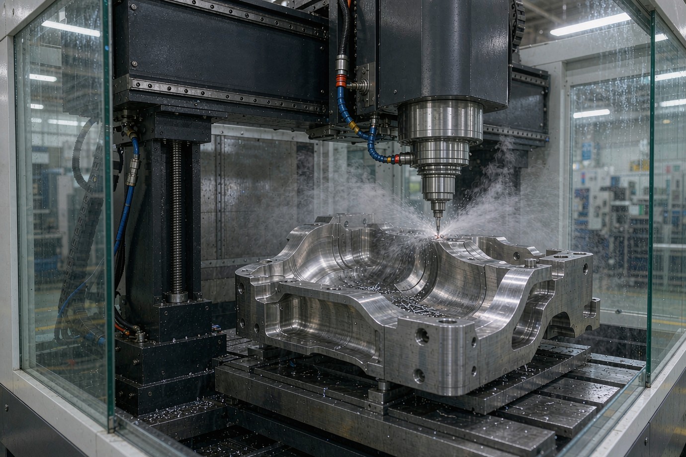 5-axis CNC machining centre cutting a complex curved component