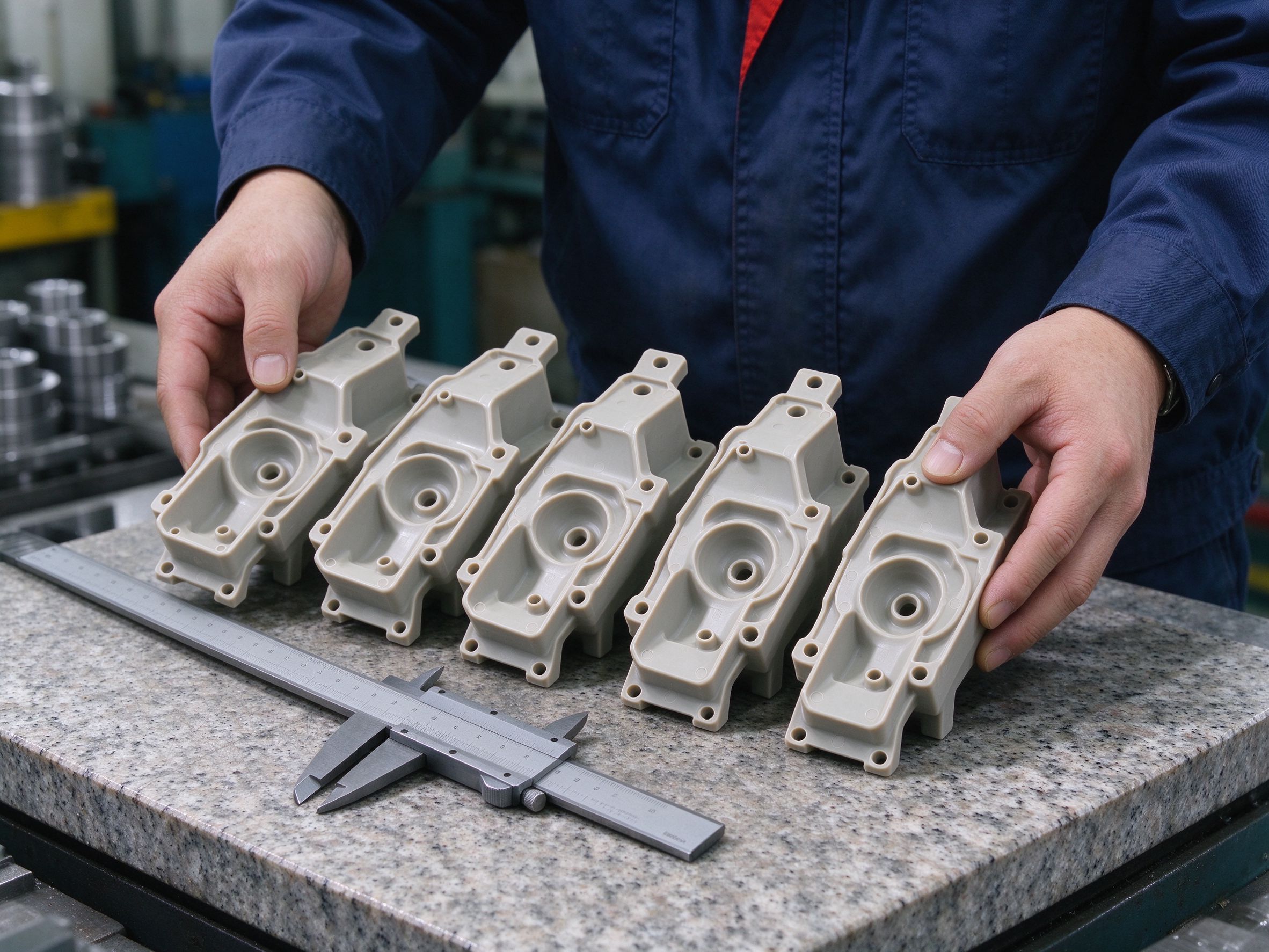 Inspector comparing identical molded parts for cavity-to-cavity consistency