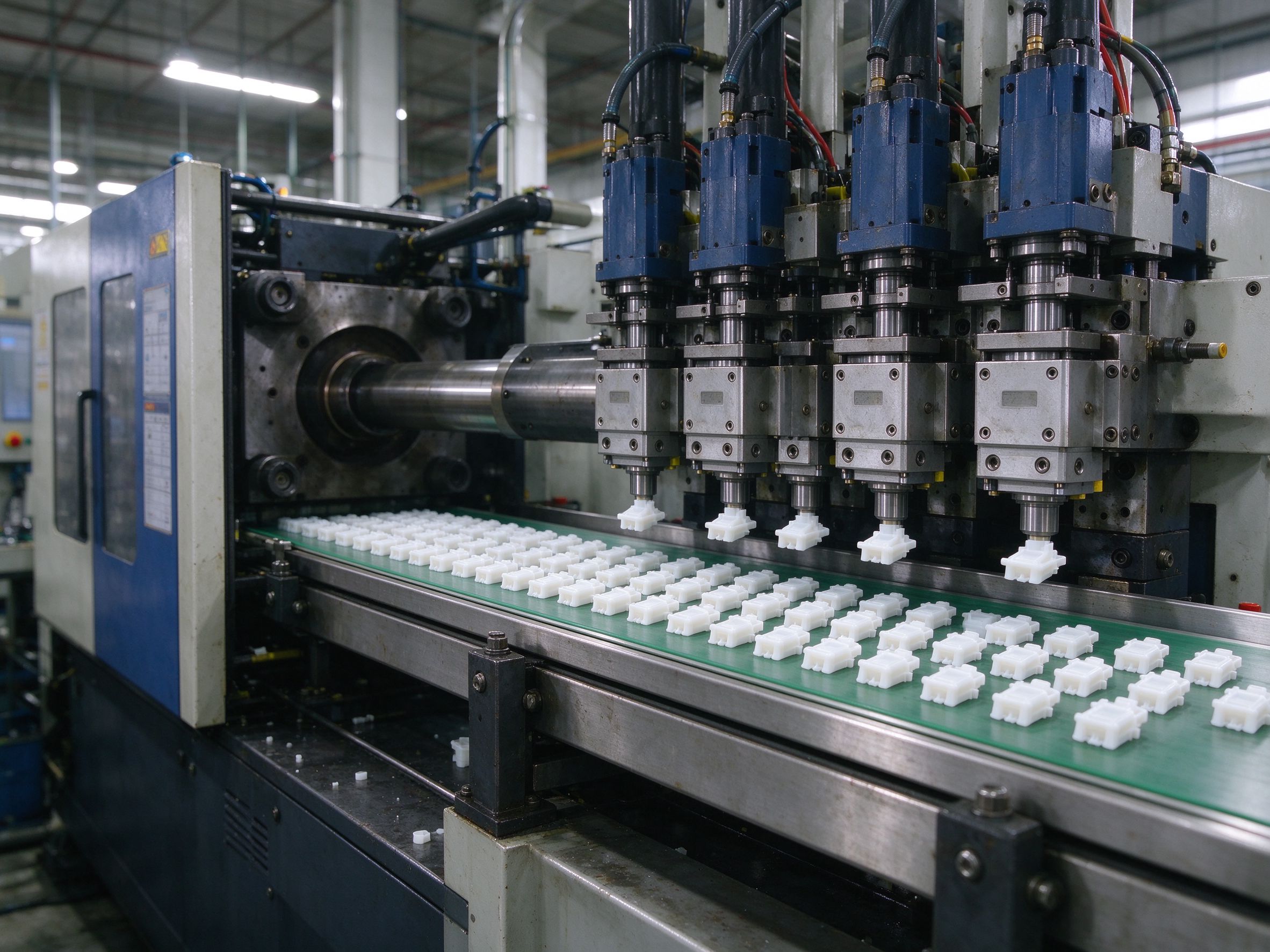 Multi-cavity injection molding producing parts on a conveyor