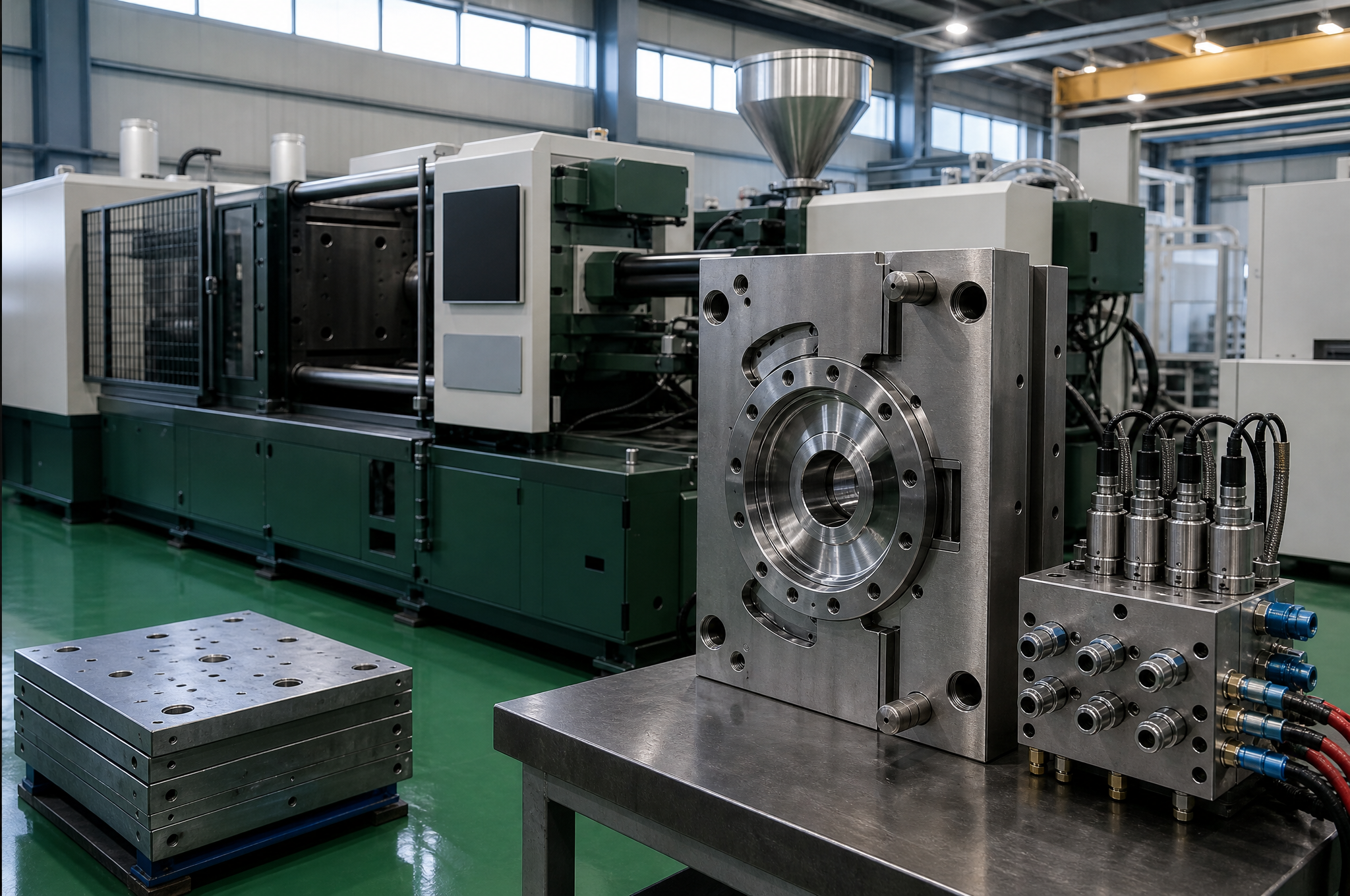 An injection molding cell: a polished mold half with a circular flanged-valve cavity standing on a bench beside a hot-runner manifold block with valve gates and water fittings, a large toggle-clamp machine with blank control panels behind it, and a clean green epoxy floor