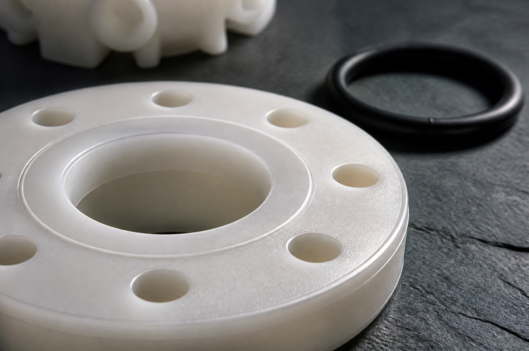 Close-up of the molded flange face of an unpigmented PVDF fitting: eight bolt holes around a flat raised sealing face, a molded concentric groove, a chamfered bore edge and a fine parting line at the rim, with a black O-ring lying beside it on a dark slate surface