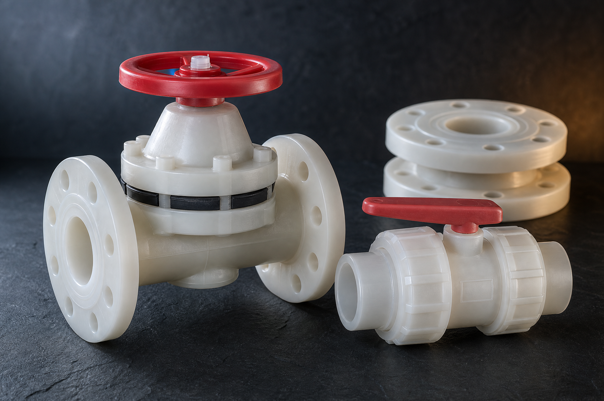 Unpigmented chemical-duty molded parts on a dark slate surface: a flanged weir-type diaphragm valve body with eight-bolt flanges, a black elastomer diaphragm sandwiched under its bolted bonnet and a red spoked handwheel, a true-union ball valve body with scalloped union nuts and a red lever, and two stacked pipe flanges with eight bolt holes and raised sealing faces
