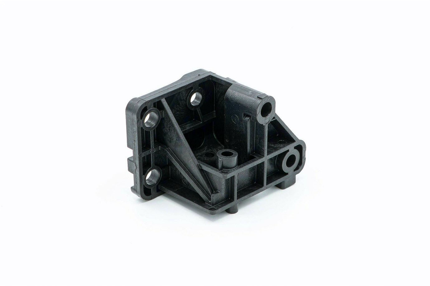 Illustrative — single black injection-molded industrial plastic bracket with mounting holes and reinforcing ribs on a white background