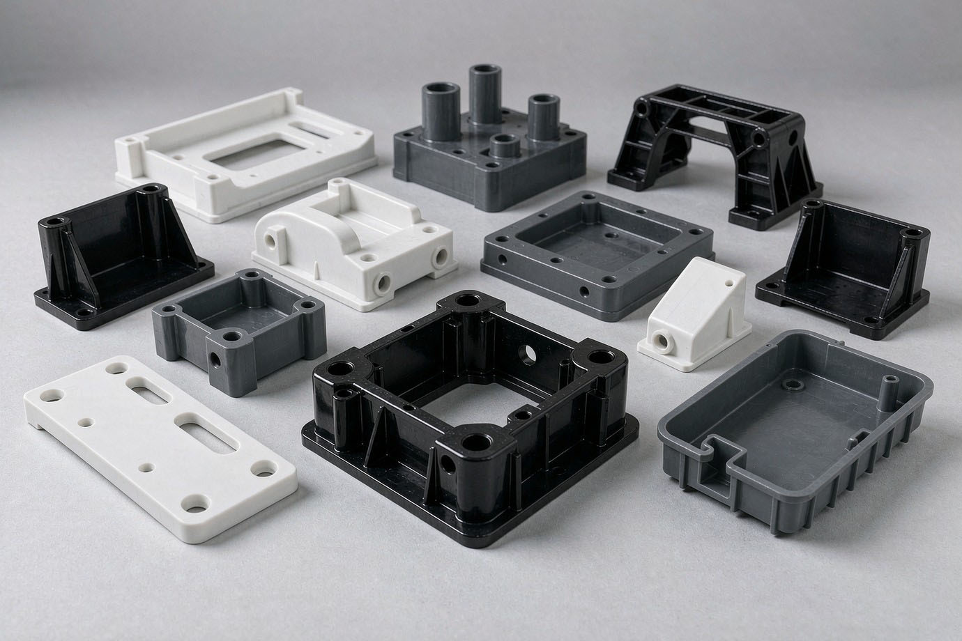 Illustrative — arranged assortment of custom injection-molded industrial plastic components in varied geometries