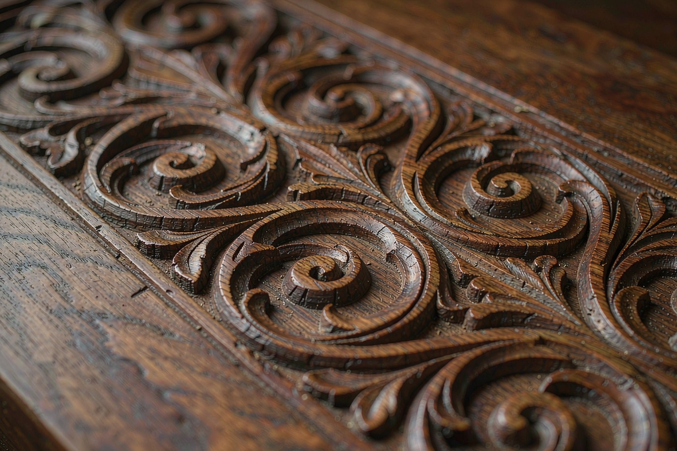 Illustrative close-up of a carved wood relief showing carving depth, wood grain and surface finish